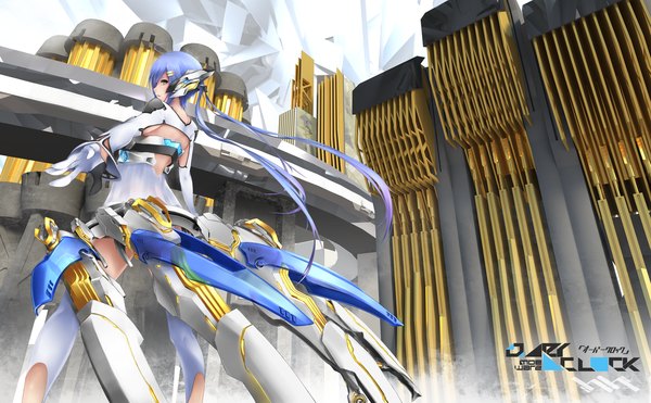 Anime picture 1280x792 with hirohatakeyama (artist) single long hair wide image twintails yellow eyes purple hair profile looking back inscription mecha musume science fiction girl gloves hair ornament white gloves hairclip