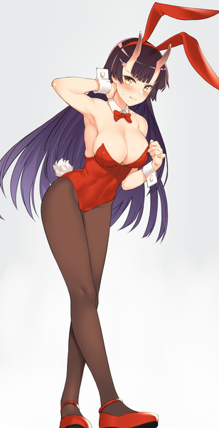 Anime picture 2480x4822 with enjo kouhai origamine ouka takunomi single long hair tall image looking at viewer blush fringe highres breasts light erotic simple background large breasts standing bare shoulders animal ears yellow eyes cleavage purple hair