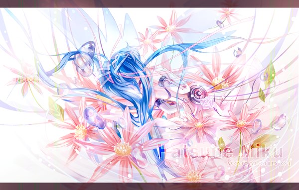 Anime picture 1440x918 with vocaloid hatsune miku instockee single long hair twintails blue hair from behind inscription back girl dress gloves flower (flowers) elbow gloves