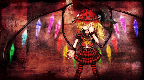 Anime picture 1920x1080 with touhou flandre scarlet shisen single long hair looking at viewer highres blonde hair red eyes wide image fingernails alternate costume one side up plaid skirt slit pupils hand on cheek sharp fingernails girl skirt hat