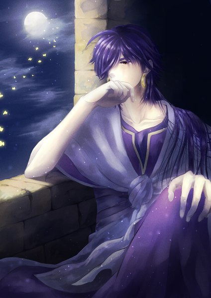Anime picture 1378x1949 with magi the labyrinth of magic a-1 pictures pixiv sinbad (magi) singh single long hair tall image purple eyes purple hair night night sky brick wall boy insect butterfly jewelry full moon wall clothes