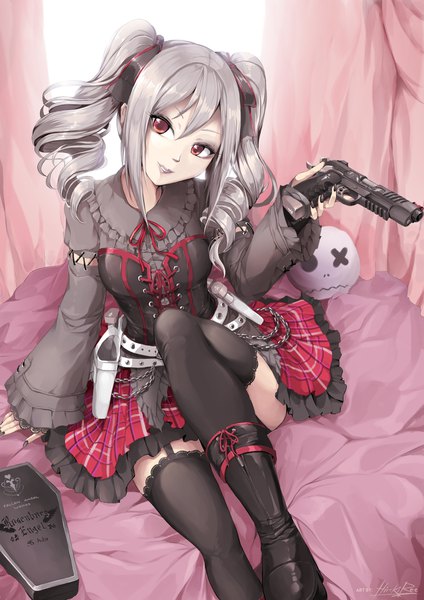 Anime-Bild 1251x1770 mit idolmaster idolmaster cinderella girls kanzaki ranko hiroki ree single long hair tall image looking at viewer fringe smile hair between eyes red eyes sitting twintails holding signed silver hair bent knee (knees) long sleeves nail polish