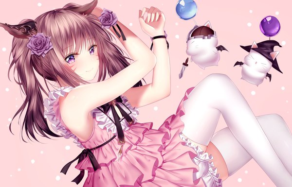 Anime picture 1750x1124 with final fantasy final fantasy xiv square enix miqo'te moogle junpaku karen single long hair looking at viewer blush fringe highres simple background smile brown hair twintails purple eyes bare shoulders animal ears payot