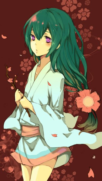 Anime picture 508x900 with katanagatari white fox yasuri nanami seuga single long hair tall image fringe standing holding looking away long sleeves traditional clothes japanese clothes pink eyes multicolored hair hair flower green hair wide sleeves gradient hair