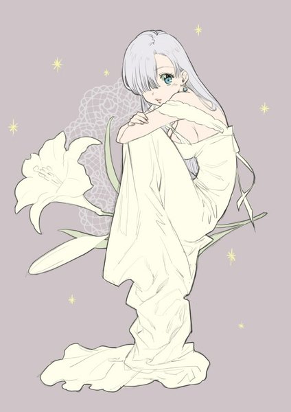 Anime picture 566x800 with nanatsu no taizai a-1 pictures elizabeth liones yoshio 456 single long hair tall image blush fringe simple background looking away silver hair aqua eyes hair over one eye grey background embryo's pose girl dress flower (flowers) earrings