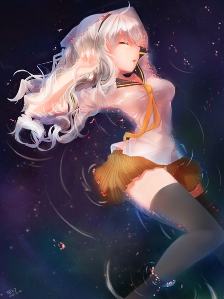 Anime picture 1200x1600 with original sakura rock (artist) single long hair tall image fringe breasts open mouth signed silver hair ahoge bent knee (knees) eyes closed midriff wet zettai ryouiki dated saliva sleeping summer