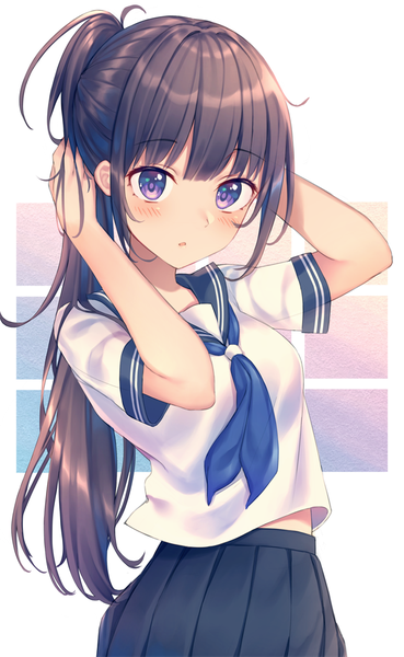 Anime picture 615x1000 with original kawami nami single long hair tall image looking at viewer blush fringe breasts open mouth hair between eyes brown hair standing white background purple eyes ponytail pleated skirt arms up short sleeves adjusting hair