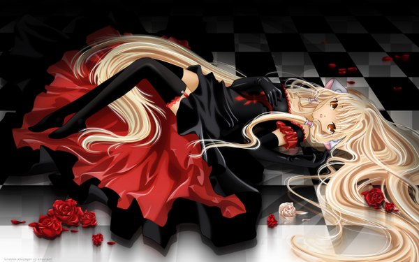 Anime picture 2560x1600 with chobits freya highres blonde hair wide image brown eyes checkered floor checkered background girl thighhighs dress gloves flower (flowers) black thighhighs petals elbow gloves rose (roses) red rose