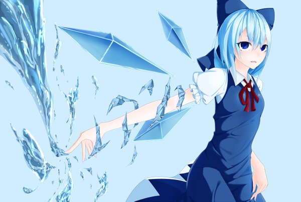 Anime picture 1300x877 with touhou cirno milaria single short hair open mouth blue eyes blue hair looking away girl dress bow hair bow wings ice