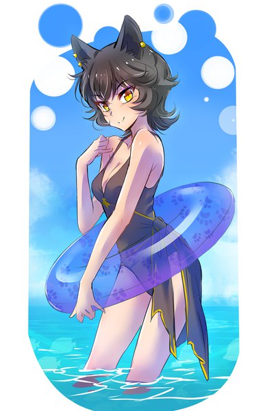 Anime picture 1237x2000 with rwby rooster teeth kali belladonna iesupa single tall image looking at viewer fringe short hair breasts light erotic black hair smile standing bare shoulders animal ears yellow eyes sky cleavage cat ears