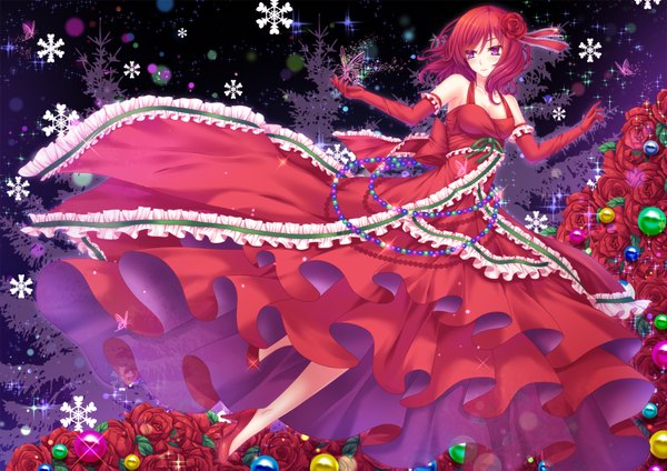 Anime picture 1600x1131 with love live! school idol project sunrise (studio) love live! nishikino maki toshi (1-147) single blush fringe short hair breasts smile looking away cleavage red hair pink eyes hair flower sparkle high heels glow girl