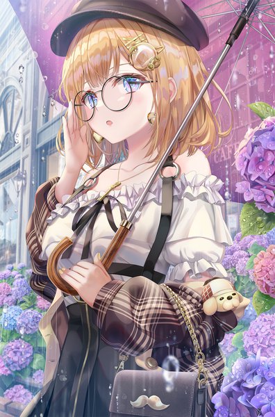Anime picture 1200x1820 with virtual youtuber hololive hololive english watson amelia bubba (watson amelia) torino aqua single tall image looking at viewer fringe short hair open mouth blue eyes blonde hair standing holding outdoors long sleeves nail polish fingernails