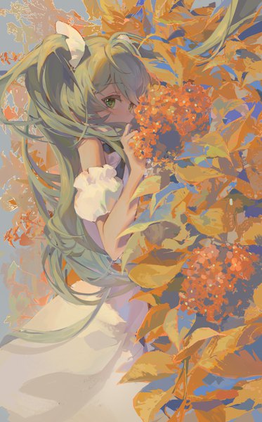 Anime picture 3086x4960 with vocaloid hatsune miku hlymoriia single long hair tall image fringe highres twintails green eyes looking away absurdres green hair covered mouth girl dress flower (flowers) white dress bushes