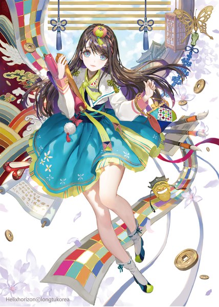 Anime picture 750x1052 with helix horizon tob single long hair tall image looking at viewer blue eyes brown hair holding signed full body bent knee (knees) multicolored hair two-tone hair girl hair ornament flower (flowers) bag mask tassel