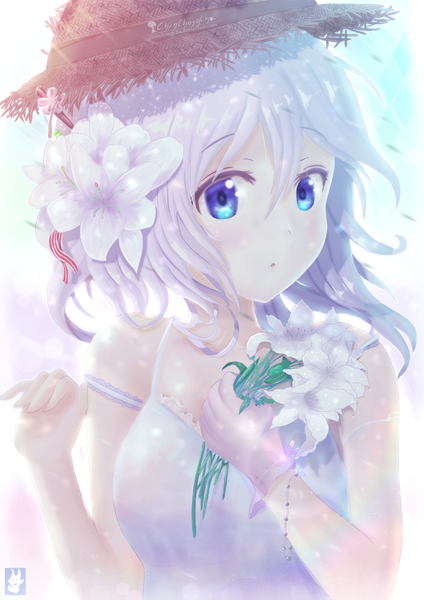 Anime picture 1024x1448 with original chinchongcha single tall image looking at viewer blush fringe short hair blue eyes hair between eyes white hair head tilt hair flower girl flower (flowers) hat bouquet single glove straw hat
