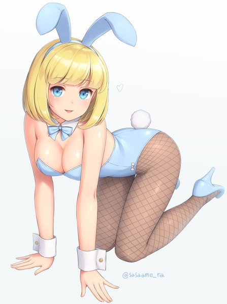 Anime picture 790x1060 with original sasaame single tall image looking at viewer blush fringe breasts open mouth blue eyes light erotic simple background blonde hair smile white background bare shoulders signed animal ears cleavage full body