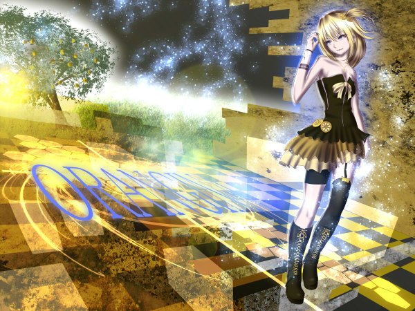 Anime picture 1200x900 with orangina yusuke (shiota) single looking at viewer short hair blonde hair smile purple eyes bare shoulders sky full body girl thighhighs skirt black thighhighs plant (plants) tree (trees) boots bracelet garter straps