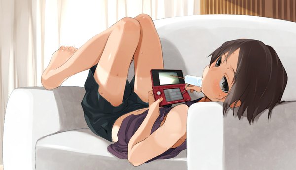 Anime picture 1027x592 with original bian.in/agm single looking at viewer blush fringe short hair wide image holding purple hair lying barefoot bare legs on back sweat mouth hold eating knees touching girl navel