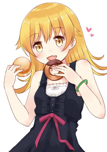 Anime picture 2507x3541 with bakemonogatari otorimonogatari shaft (studio) monogatari (series) oshino shinobu nikitan single long hair tall image looking at viewer highres open mouth blonde hair simple background white background bare shoulders holding yellow eyes upper body :d