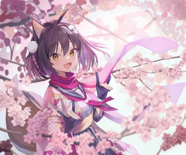 Anime picture 2461x2048 with blue archive izuna (blue archive) loloco single fringe highres short hair open mouth black hair hair between eyes animal ears yellow eyes outdoors tail :d animal tail fox ears cherry blossoms fox tail fox girl