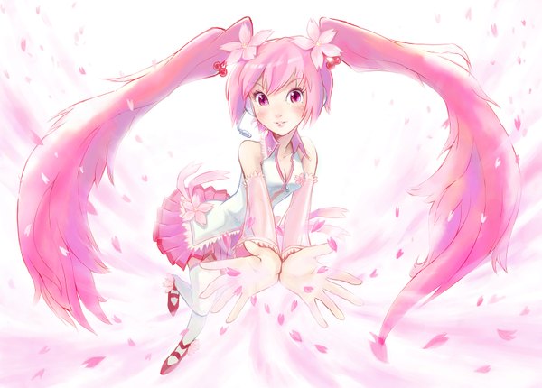Anime picture 1600x1148 with vocaloid hatsune miku sakura miku tagme (artist) single white background twintails pink hair very long hair pink eyes hair flower girl skirt hair ornament detached sleeves miniskirt petals food berry (berries) cherry
