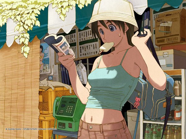 Anime picture 1600x1200 with afternoon (magazine) azuma kiyohiko long hair highres brown hair bare shoulders midriff sweat wallpaper reading hat book (books) cat bag bottle drink phone popsicle camisole can