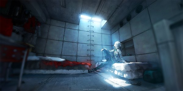 Anime picture 1500x748 with fisheye placebo frey (fisheye placebo) yuumei single short hair wide image grey hair looking up sunbeam boy shirt bed stairs desk