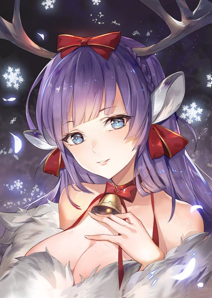 Anime picture 1000x1402 with original samu (a117216) single long hair tall image looking at viewer blush fringe breasts blue eyes light erotic large breasts animal ears payot cleavage purple hair upper body blunt bangs parted lips head tilt