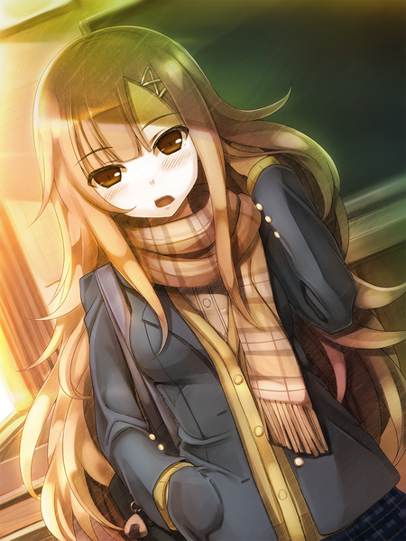 Anime picture 900x1200 with original soranopin single long hair tall image looking at viewer blush open mouth brown hair brown eyes girl uniform school uniform scarf