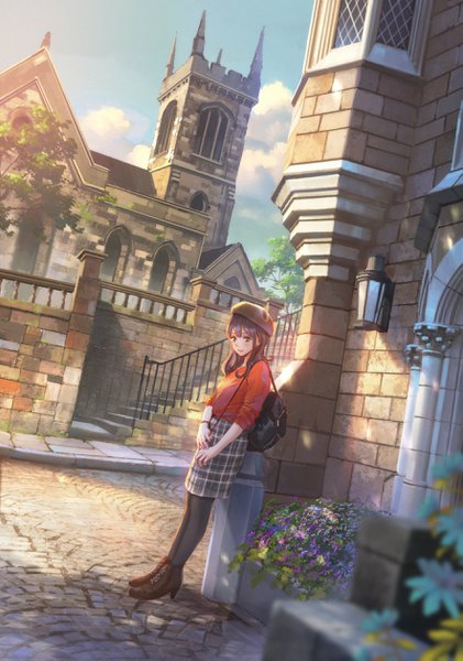 Anime picture 1767x2518 with original sho (shoichi-kokubun) single long hair tall image looking at viewer blush fringe highres hair between eyes brown hair standing green eyes sky cloud (clouds) full body outdoors high heels plaid skirt architecture