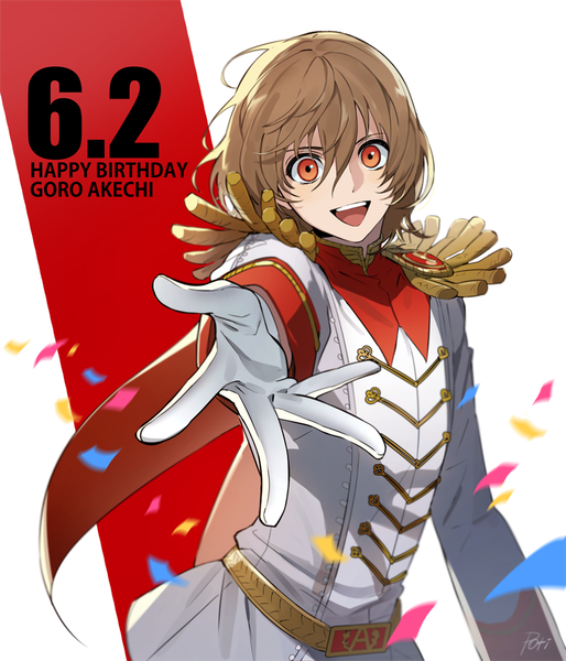 Anime picture 1000x1168 with persona 5 persona akechi gorou poti single tall image looking at viewer fringe short hair open mouth hair between eyes red eyes brown hair upper body character names outstretched hand happy birthday boy gloves white gloves