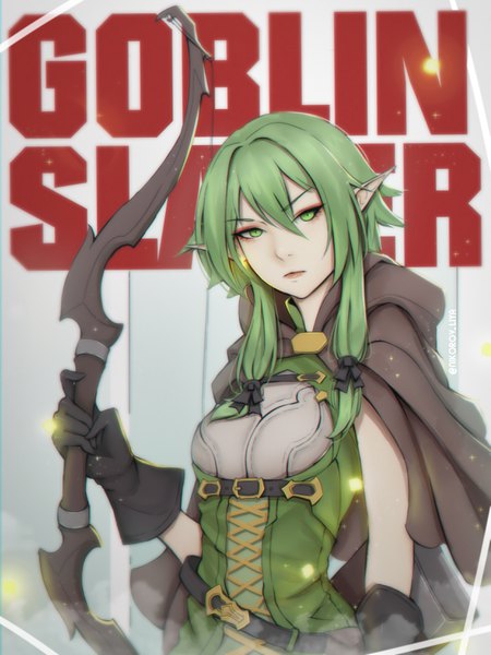 Anime picture 2473x3300 with goblin slayer! high elf archer (goblin slayer!) liya nikorov single long hair tall image looking at viewer fringe highres hair between eyes holding green eyes signed upper body head tilt green hair pointy ears grey background copyright name twitter username
