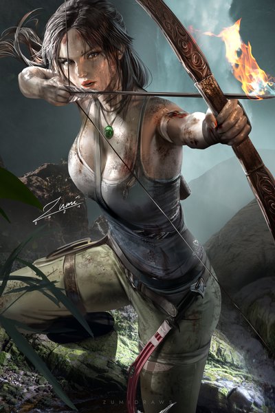 Anime-Bild 2339x3508 mit tomb raider lara croft zumi (zumidraws) single long hair tall image fringe highres breasts open mouth brown hair large breasts standing holding brown eyes signed looking away ponytail fingernails realistic