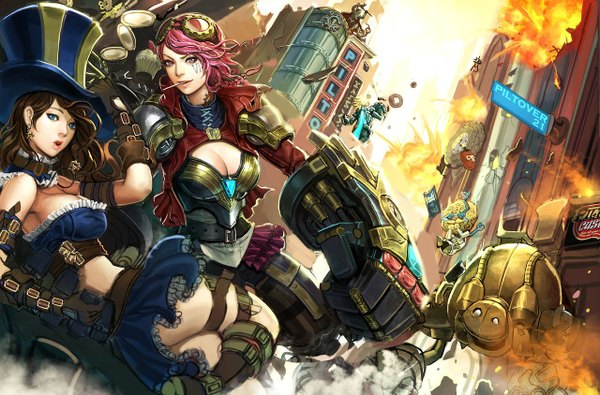 Anime picture 1280x843 with league of legends caitlyn (league of legends) vi (league of legends) ezreal (league of legends) blitzcrank (league of legends) heimerdinger (league of legends) ziggs (league of legends) viktor (league of legends) tagme (artist) long hair looking at viewer short hair blue eyes light erotic blonde hair brown hair multiple girls pink hair cleavage pink eyes