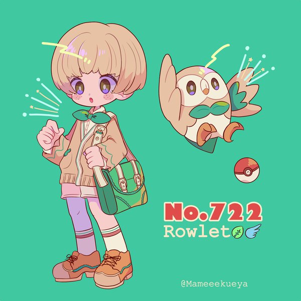 Anime picture 1923x1923 with pokemon pokemon sm nintendo rowlet mameeekueya single highres short hair simple background brown hair standing purple eyes signed looking away full body character names twitter username green background freckles personification