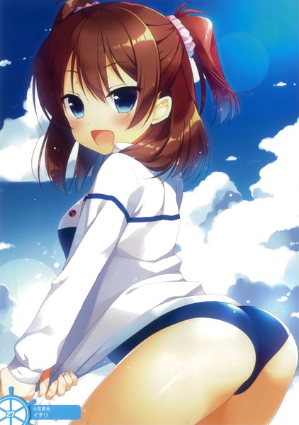 Anime picture 2698x3840 with high school fleet ogasawara hikari sazaki ichiri single tall image blush highres short hair open mouth blue eyes light erotic brown hair sky cloud (clouds) scan official art two side up girl swimsuit one-piece swimsuit