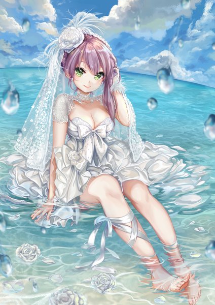 Anime picture 1500x2121 with original pisuke single long hair tall image looking at viewer fringe breasts smile sitting green eyes sky cleavage purple hair cloud (clouds) full body barefoot bare legs no shoes partially submerged