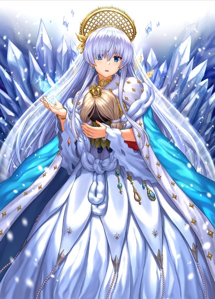 Anime picture 845x1176 with fate (series) fate/grand order anastasia (fate) viy (fate) npcpepper single long hair tall image looking at viewer fringe open mouth blue eyes standing holding payot silver hair head tilt hair over one eye wide sleeves sparkle