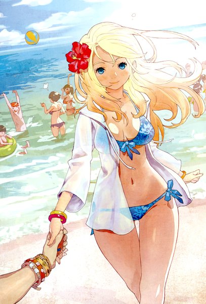 Anime picture 2226x3278 with last summer (artbook) original lee minpyo lee min pyo long hair tall image looking at viewer blush highres blue eyes light erotic blonde hair smile multiple girls sky hair flower wind open jacket beach holding hands