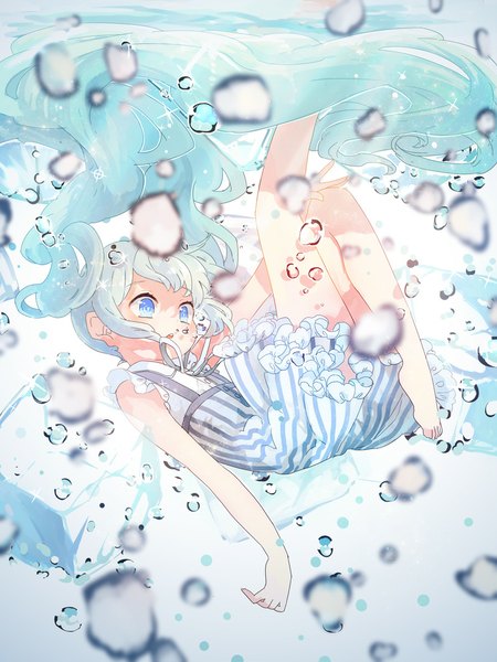 Anime picture 800x1067 with vocaloid hatsune miku kinokoko-kino single tall image open mouth blue eyes twintails very long hair barefoot aqua hair underwater girl dress ribbon (ribbons) frills bubble (bubbles) ice