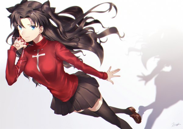 Anime picture 1200x850 with fate (series) fate/stay night toosaka rin kibou single long hair looking at viewer blue eyes black hair simple background signed pleated skirt from above grey background sparkle shadow two side up zettai ryouiki girl thighhighs
