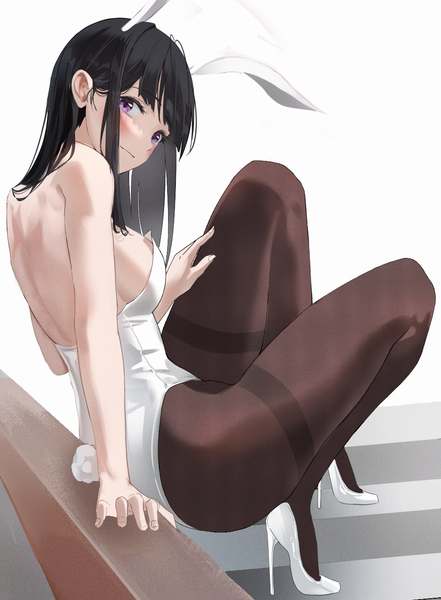 Anime picture 1000x1361 with original po ppe single long hair tall image looking at viewer blush fringe breasts light erotic black hair simple background smile large breasts white background purple eyes animal ears full body bent knee (knees) tail
