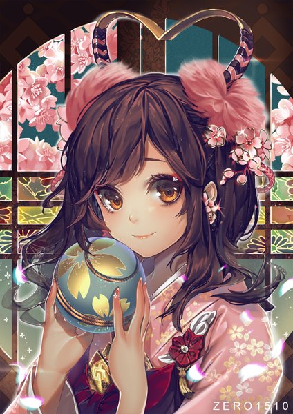 Anime picture 1061x1500 with original akizero1510 single long hair tall image looking at viewer fringe smile brown hair holding brown eyes signed upper body traditional clothes japanese clothes hair flower sparkle fur trim lipstick cherry blossoms