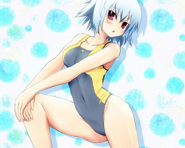 Anime picture 1024x819 with ben-tou david production yarizui sen single blush short hair open mouth light erotic simple background red eyes silver hair girl swimsuit