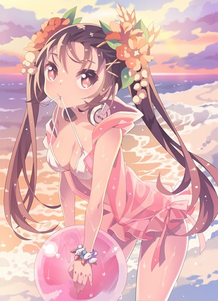 Anime picture 725x1002 with original bf. (sogogiching) single long hair tall image light erotic red eyes brown hair twintails looking away sky cloud (clouds) wet beach girl hair ornament flower (flowers) swimsuit bikini water