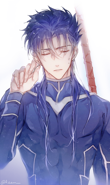 Anime picture 691x1157 with fate (series) fate/stay night cu chulainn (fate) cu chulainn (fate/stay night) sueun single long hair tall image simple background white background signed blue hair upper body eyes closed fingernails wet twitter username boy weapon earrings