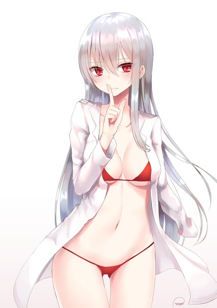 Anime picture 1505x2129 with original piripun single long hair tall image looking at viewer blush fringe breasts light erotic simple background hair between eyes red eyes large breasts standing signed cleavage silver hair open clothes underboob