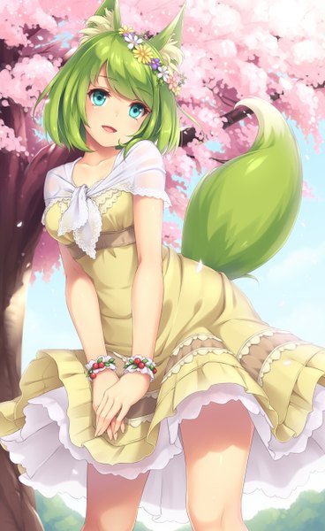 Anime picture 802x1306 with original sasaame single tall image looking at viewer short hair open mouth blue eyes animal ears tail animal tail green hair cherry blossoms girl dress flower (flowers) plant (plants) petals tree (trees) wreath