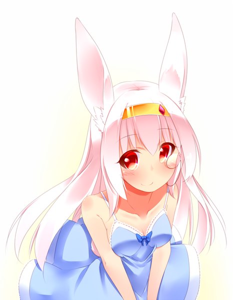 Anime picture 700x900 with original autumn dawn single long hair tall image looking at viewer blush fringe smile hair between eyes red eyes white background bare shoulders animal ears pink hair cleavage from above leaning bunny ears leaning forward