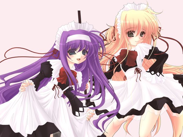 Anime picture 1600x1200 with mahou shoujo lyrical nanoha arisa bannings tsukimura suzuka blush fringe open mouth blue eyes blonde hair smile hair between eyes standing multiple girls brown eyes looking away purple hair very long hair :d maid hand on hip girl